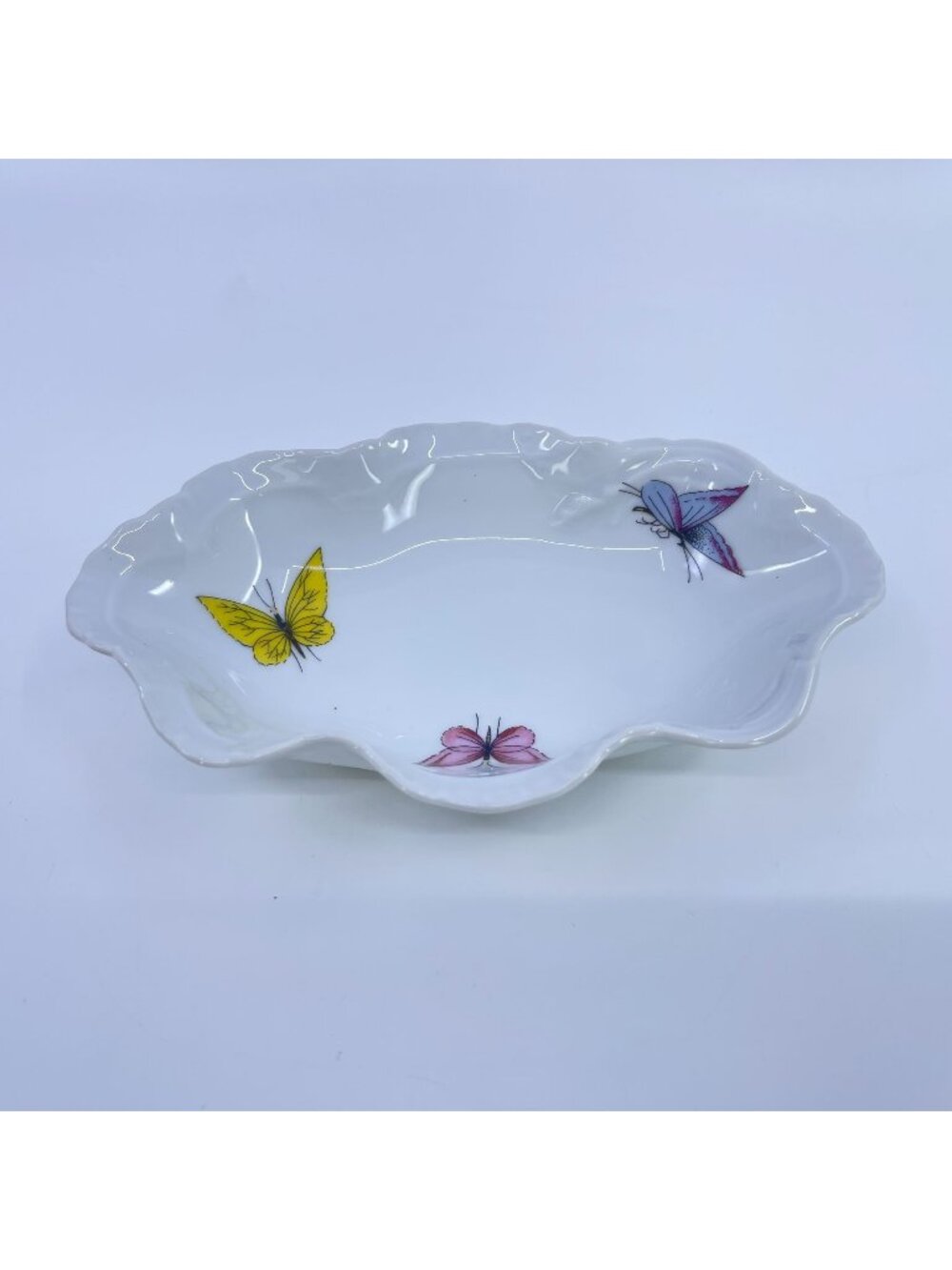 vintage limoges france porcelain dish with butterfly motif & scalloped edges